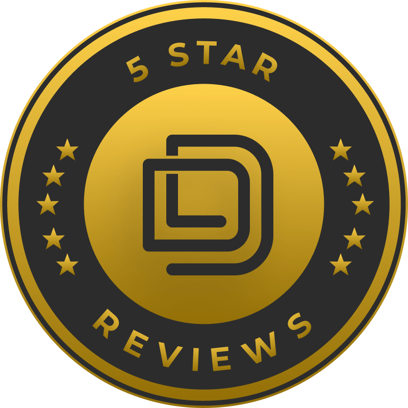 Detail Lab. Gold and black circular badge with 5 Star Reviews surrounding a stylized D logo, representing high-rated customer feedback.