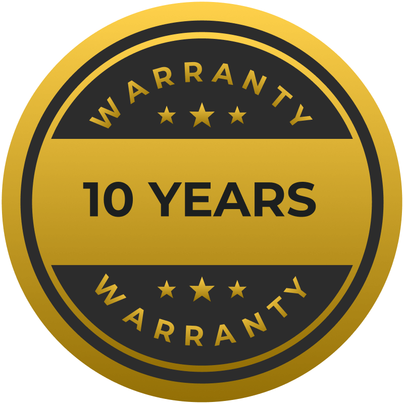 Detail Lab. Gold and black circular badge with 10 Years Warranty, featuring a three-star design above and below the text.