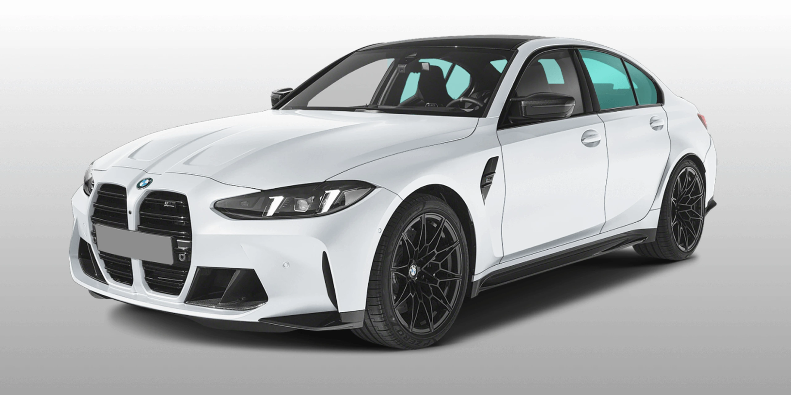 Detail Lab. White BMW M3 with a five-window tint package applied, including the front and rear side windows and rear windshield. The tinted windows contrast with the car’s white paint and black wheels.