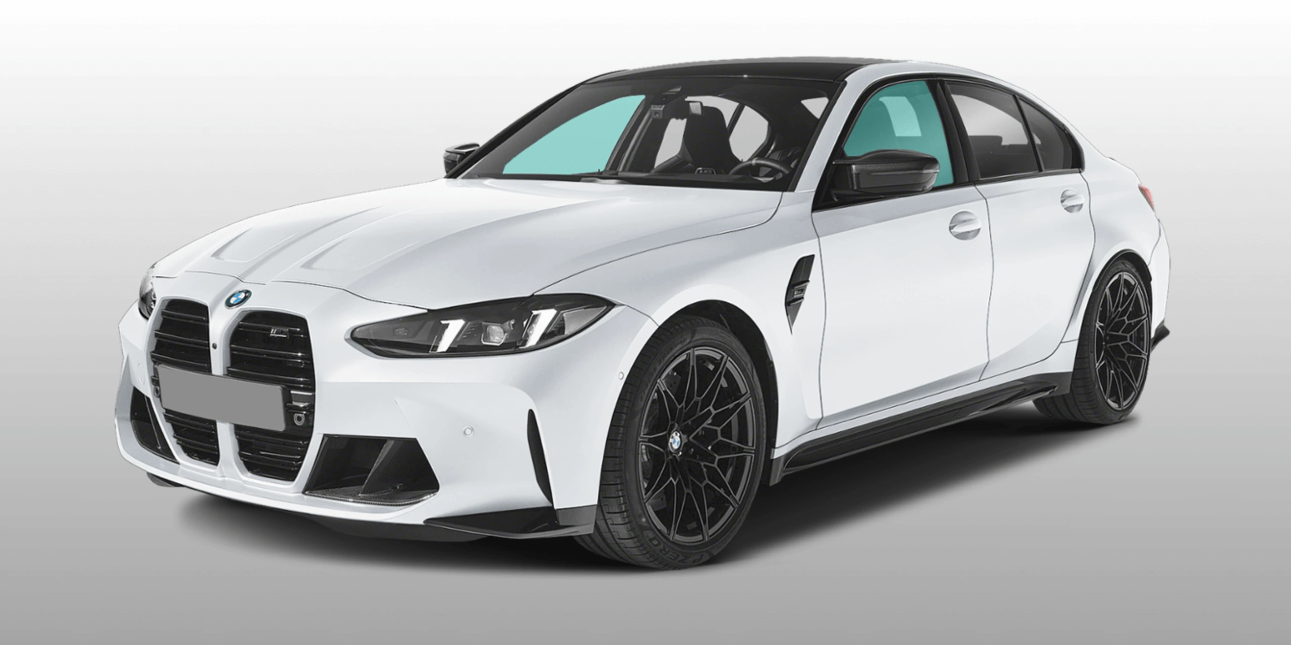 Detail Lab. White BMW M3 with a front two-window tint package applied to the driver and passenger side windows. The rest of the windows remain untinted, showcasing a balanced contrast.