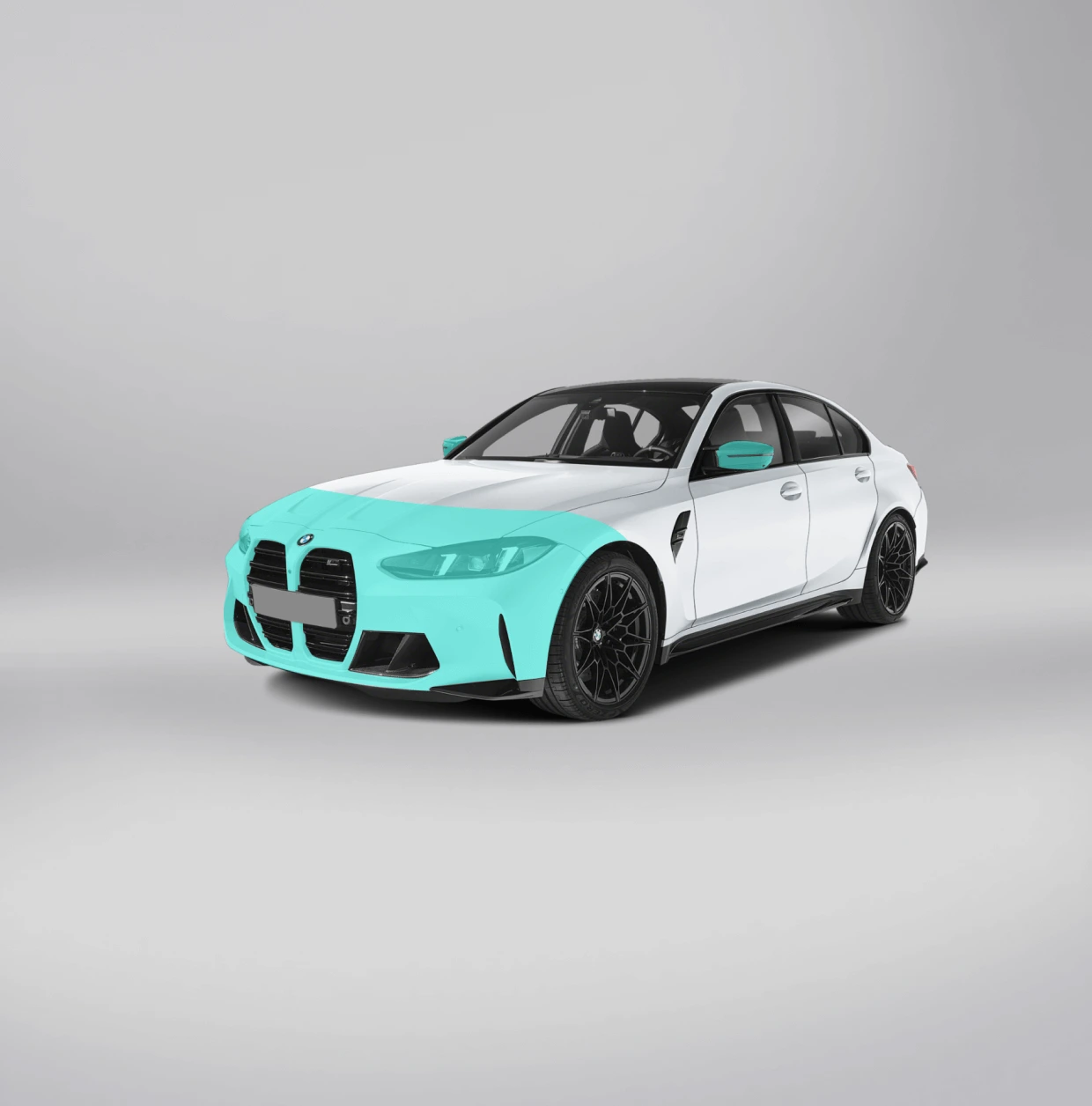 Detail Lab. White BMW M3 with a front-end PPF package applied, covering the front bumper, hood, front fenders, and side mirrors. The protective film is highlighted in blue.