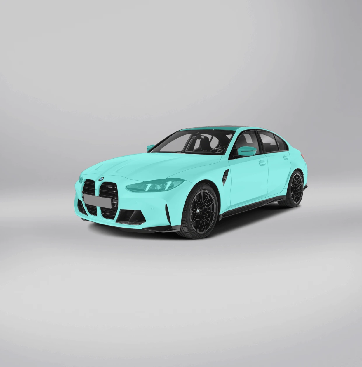 Detail Lab. White BMW M3 with a full-vehicle PPF package applied, covering the entire exterior. The entire car is highlighted in blue to indicate full coverage.